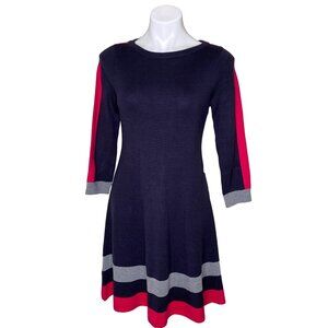 Vince Camuto NWT $128 Knit Fit & Flare Dress, Navy Red Gray Striped Trim Size S